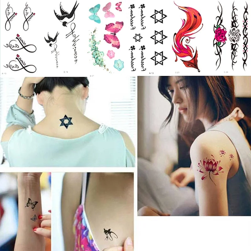 Hot 30Sheet/Lot Temporary Tattoo Sticker Letters Feather Body Art Tattoos Waterproof Flowers Tattoos Sticker Fake Water Transfer