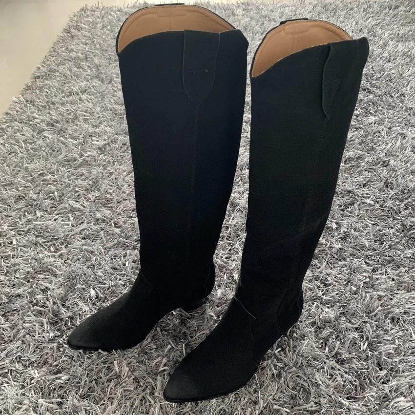 2021 Western boots black Leather knee high boots for women pointed toe winter long boots women chunky heels cowboy knight boots