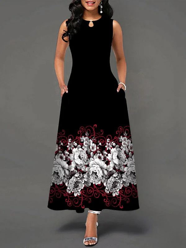 Women plus size clothing Women Floral Printed Sleeveless Key-hole Design V-neck Maxi Dress With Pockets-Nordswear