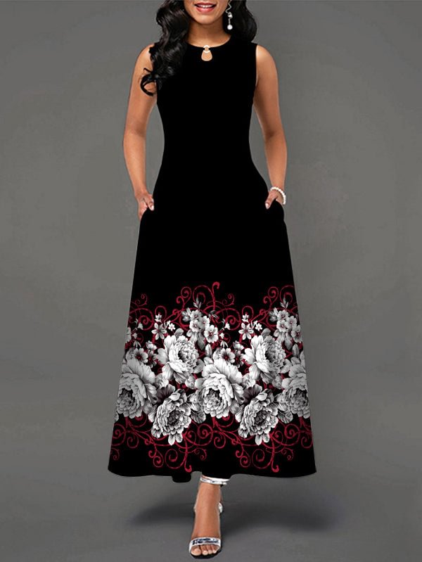 Women Floral Printed Sleeveless Key-hole Design V-neck Maxi Dress With Pockets