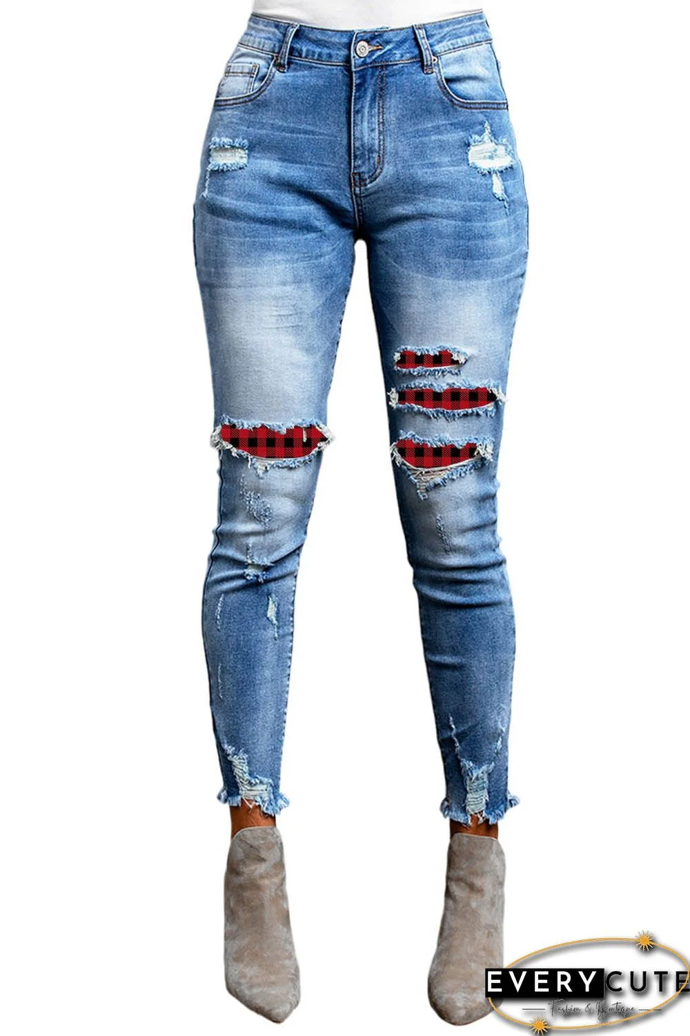 Plaid Patchwork Skinny Fit High Waist Distressed Jeans