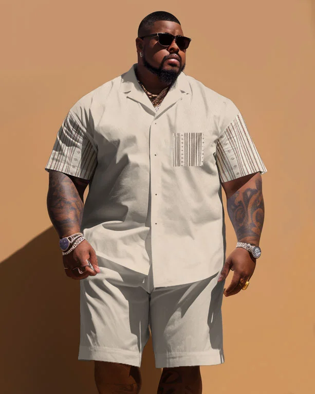 Men's Plus Size Simple Stripe Patchwork Printed Pocket Short Sleeve Shirt Shorts Suit
