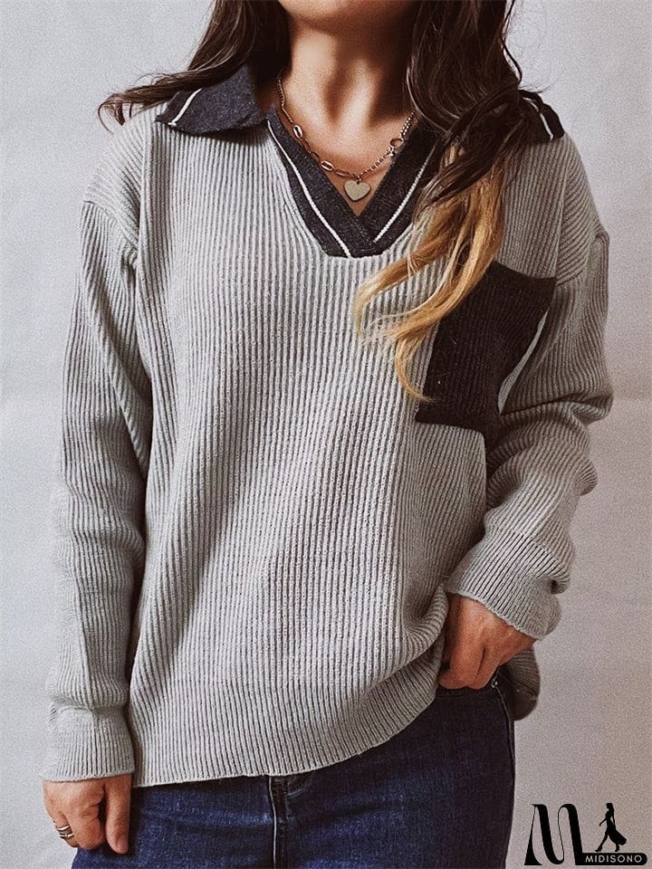 MidiSono - Casual Lapel Contrast Color Sweaters With Pocket