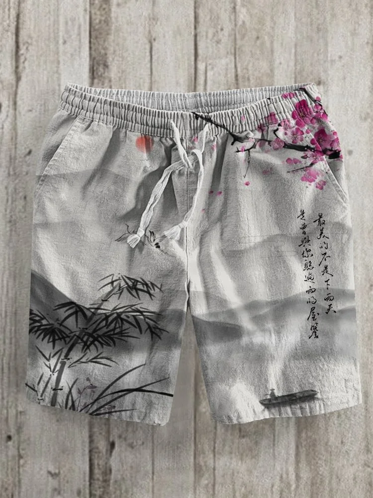 Men's Ink Landscape Painting Casual Cozy Cotton Linen Shorts