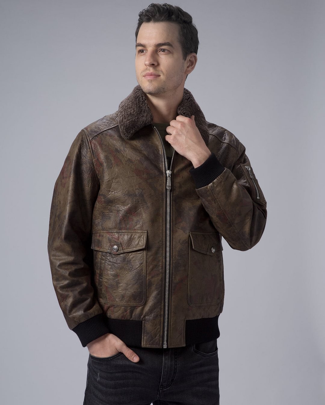 Green G-1 Navy Leather Flight Jacket with Removable Fur Collar