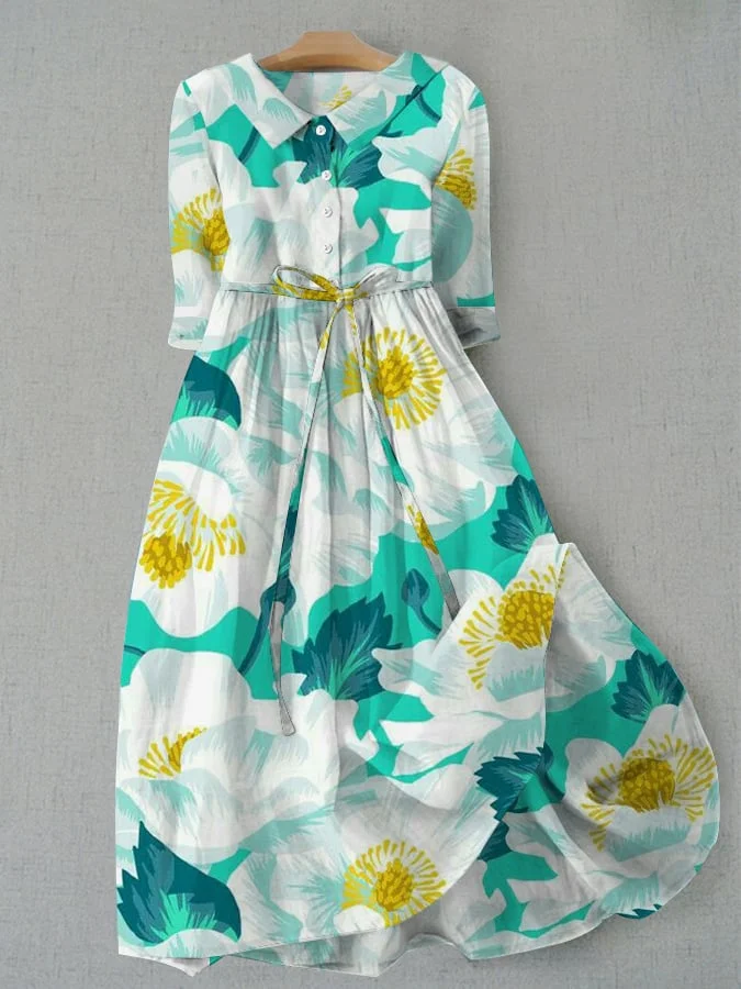 Women's Vintage Floral Design Printed Lace-Up Dress
