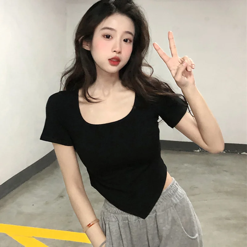 Brownm Brownm Girl Square Collar Short Sleeve Women's Summer 2024 New Thin Slim Casual Top Irregular Trendy Ins Girls T-Shirt