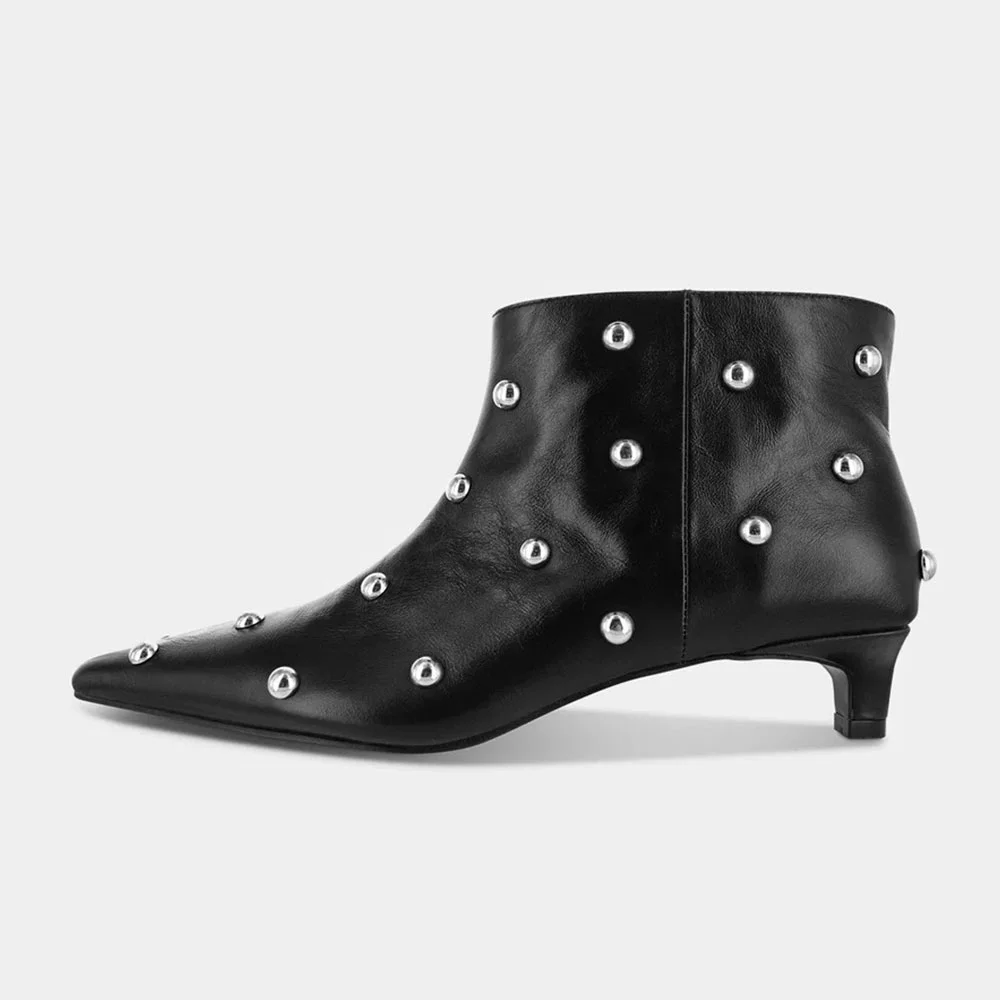 Women's Short Black Pointed Toe Studded Slip On Kitten Heel Boots