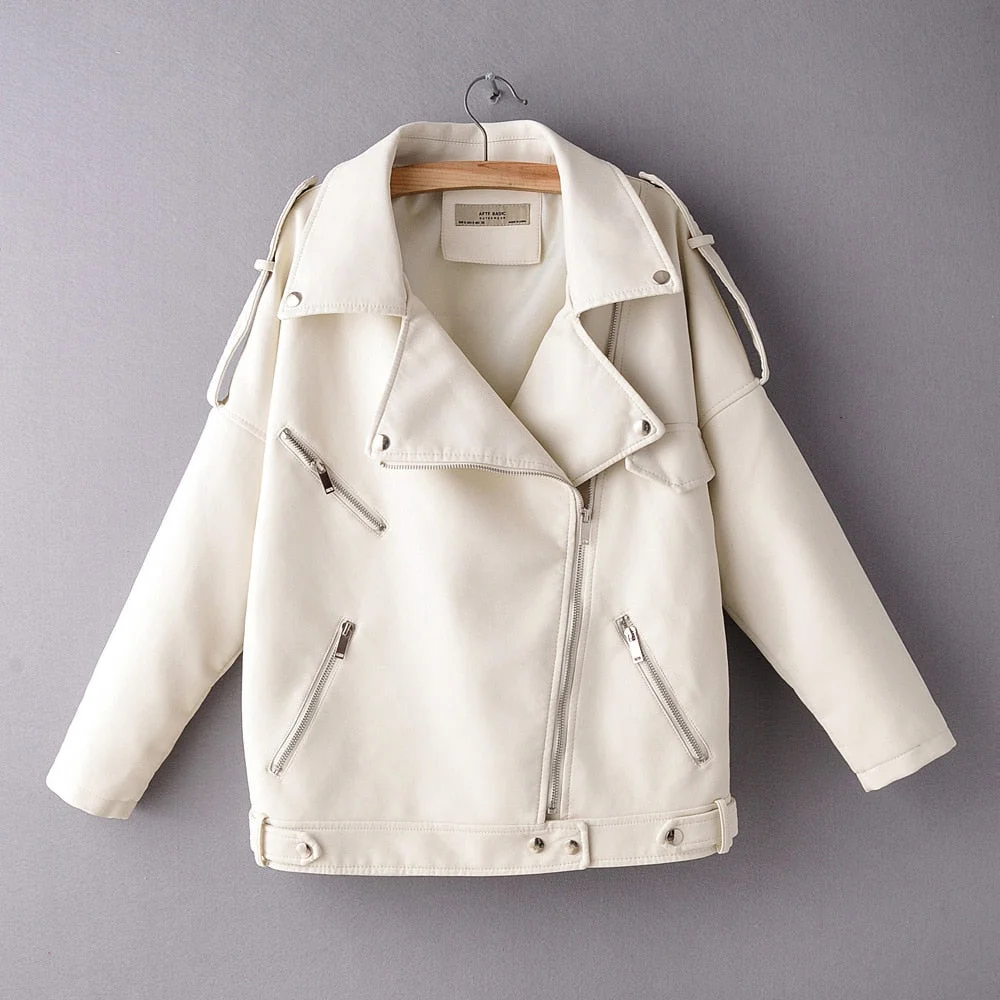 Ailegogo New Spring Autumn Pu Leather Jacket Women Moto Biker Lapel Zipper Beige Warm Faux Soft Leather Coat Loose Outwear