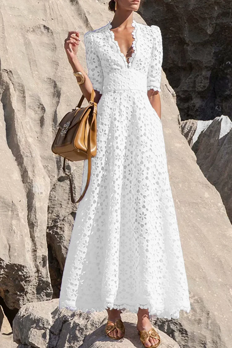 Elegant Solid Hollowed Out V Neck Waist Short Sleeve Dress