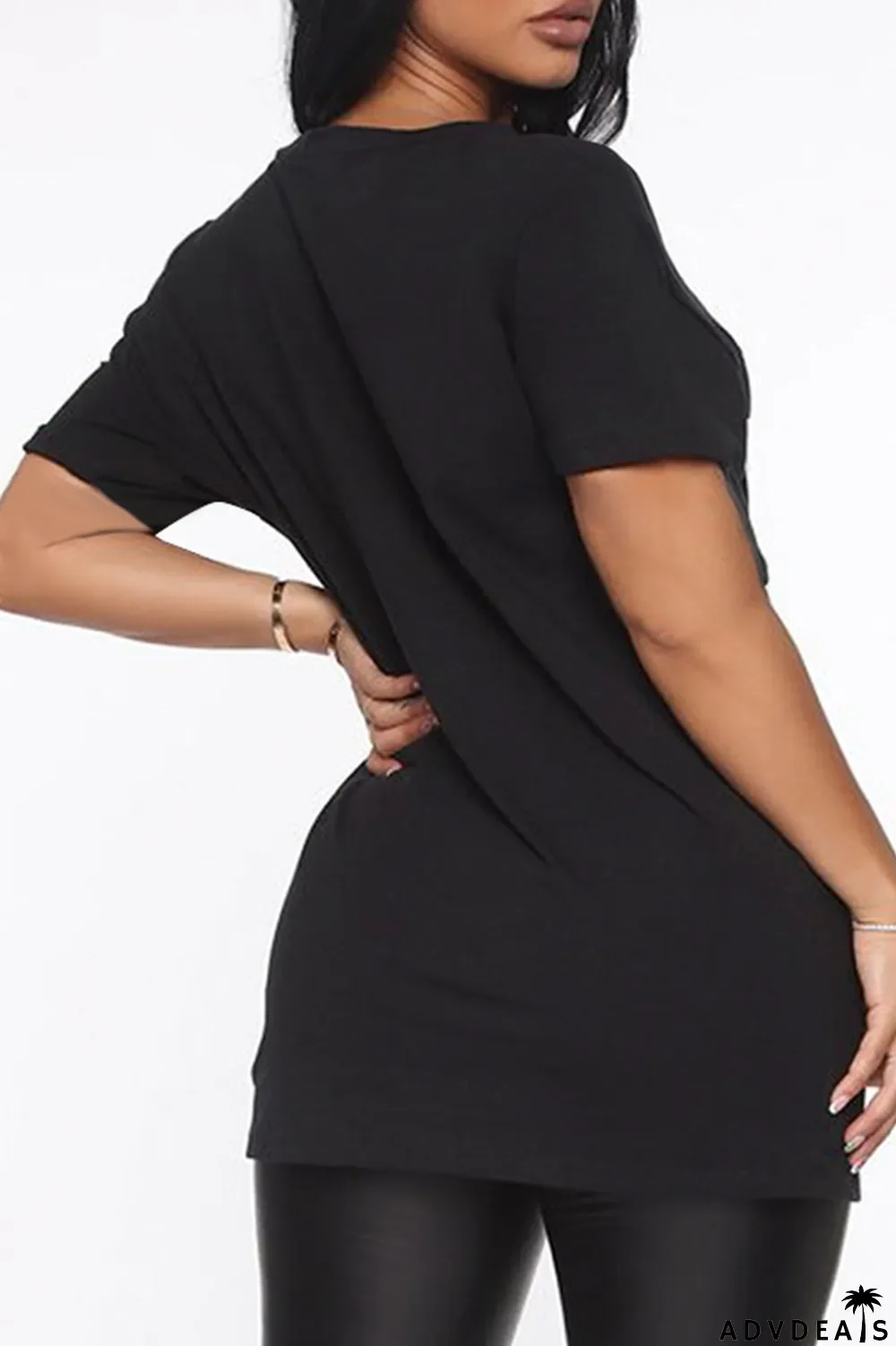 Black Casual Street Print Split Joint Letter O Neck T-Shirts