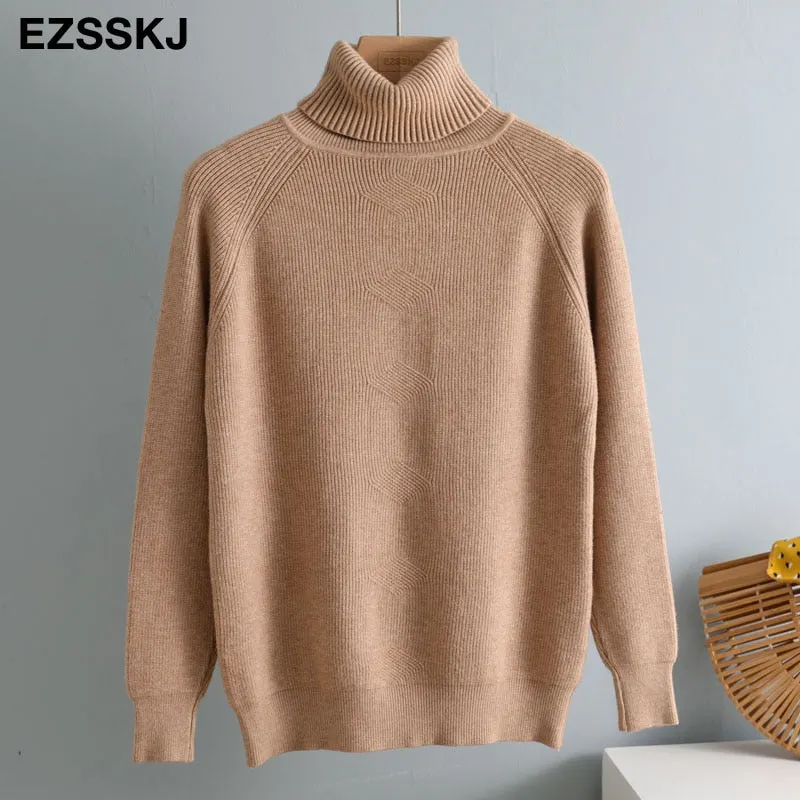 casual Autumn Winter Basic  THICK HIGH-NECK Sweater pullovers Women 2021 loose Knit  Pullover female Long Sleeve Khaki Sweater