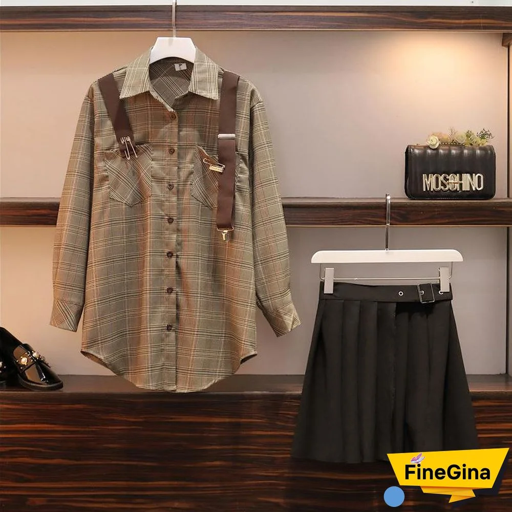Navy Plaid Bloues +Pleated Skirt P13532