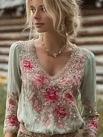 Bohemian Retro Plant And Flower Pattern Casual Cotton And Linen Long-sleeve Top