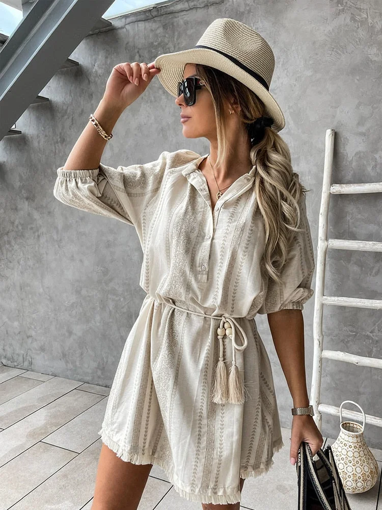 Fitshinling Bohemian Summer Dress Print Fringe Vintage Short Sleeve Vestidos Femme Button Up Casual Holiday Dresses Women New