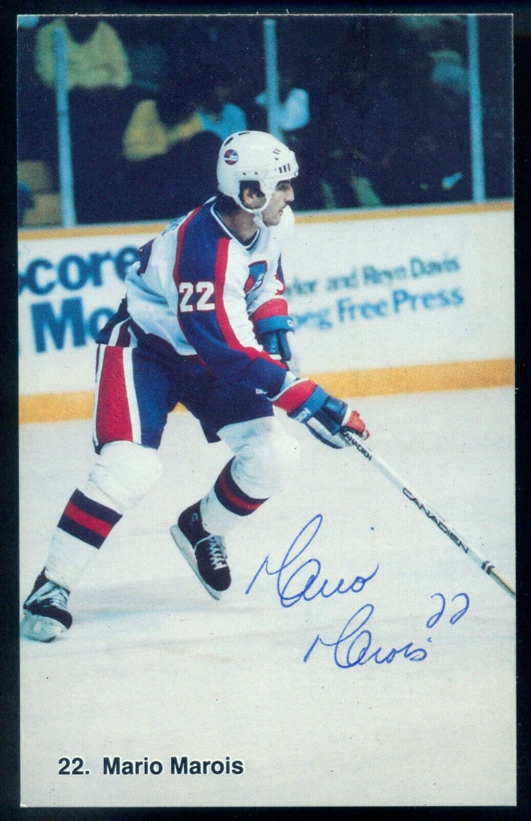 1980's Mario Marois Autograph signed on Winnipeg Jets Team issue Post Photo Poster painting Card