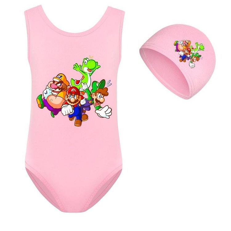 Super Mario Bros Print Girls Sporty One Piece Beach Swimsuit Pink Blue-Mayoulove