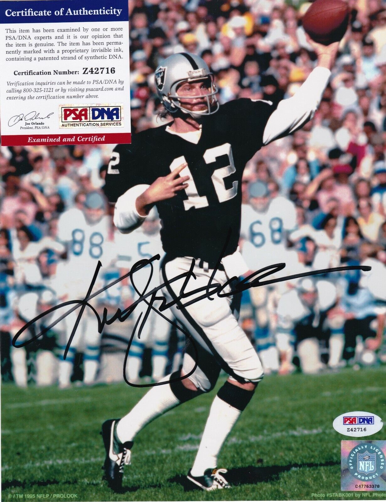 KEN STABLER OAKLAND RAIDERS PSA/DNA AUTHENTICATED ACTION SIGNED 8x10