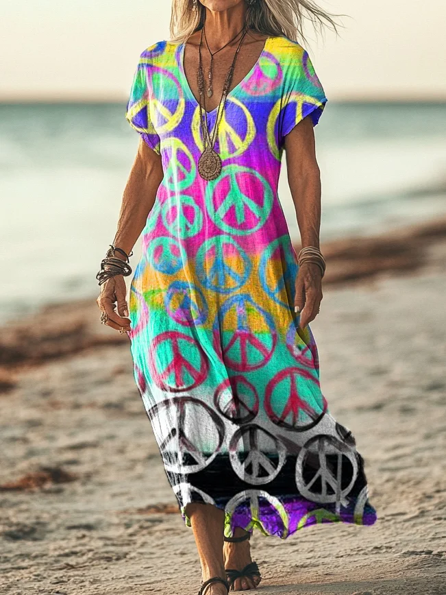 Women's Vintage Hippie Art Print Short Sleeve Pocket Cotton Linen Dress