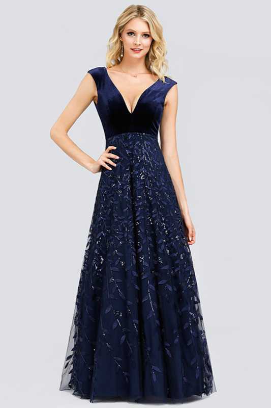 Glamorous Navy V-Neck Long Evening Prom Dress With Leaves Appliques - lulusllly
