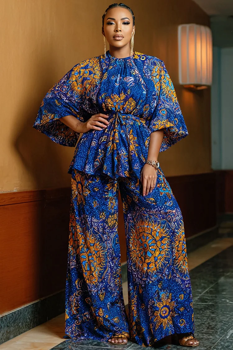 Xpluswear Design Plus Size Vacation Blue African Print Round Neck Short Sleeve Pocket Two Piece Pant Sets 2024 - Xpluswear