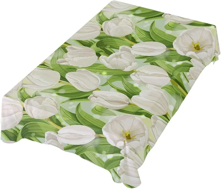 Romantic White Tulip Flower Rectangle Tablecloth Kitchen Dining Table Decor Reusable Waterproof Table Covers Wedding Decorations