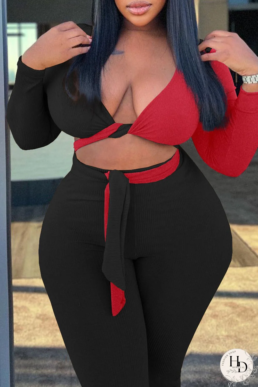 Tangerine Red Sexy Solid Bandage Split Joint V Neck Plus Size Two Pieces