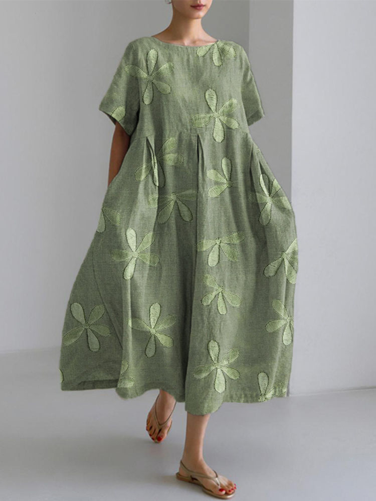 Green Floral Embroidery Pattern Linen Blend Dress artswardrobe