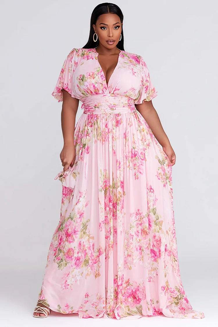 Xpluswear Design Plus Size Vacation Pink Floral V Neck Short Sleeve Fold Maxi Dresses [Pre-Order] 2024 - Xpluswear