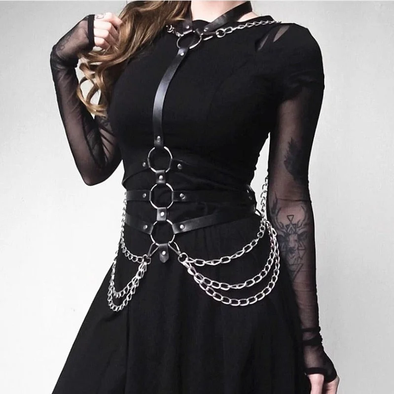 InsGoth Sexy Women Leather Belt Gothic Harajuku Leather Chain Halter Belt Adjustable Bondage Holographic Metal Chain Harness