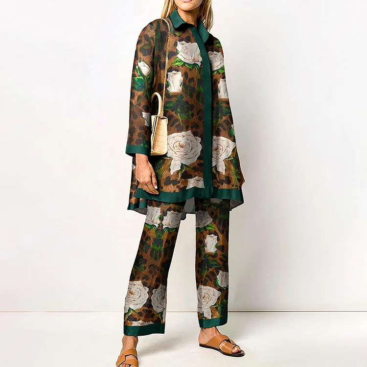 Lapel Leopard Rose Print Two Piece Set