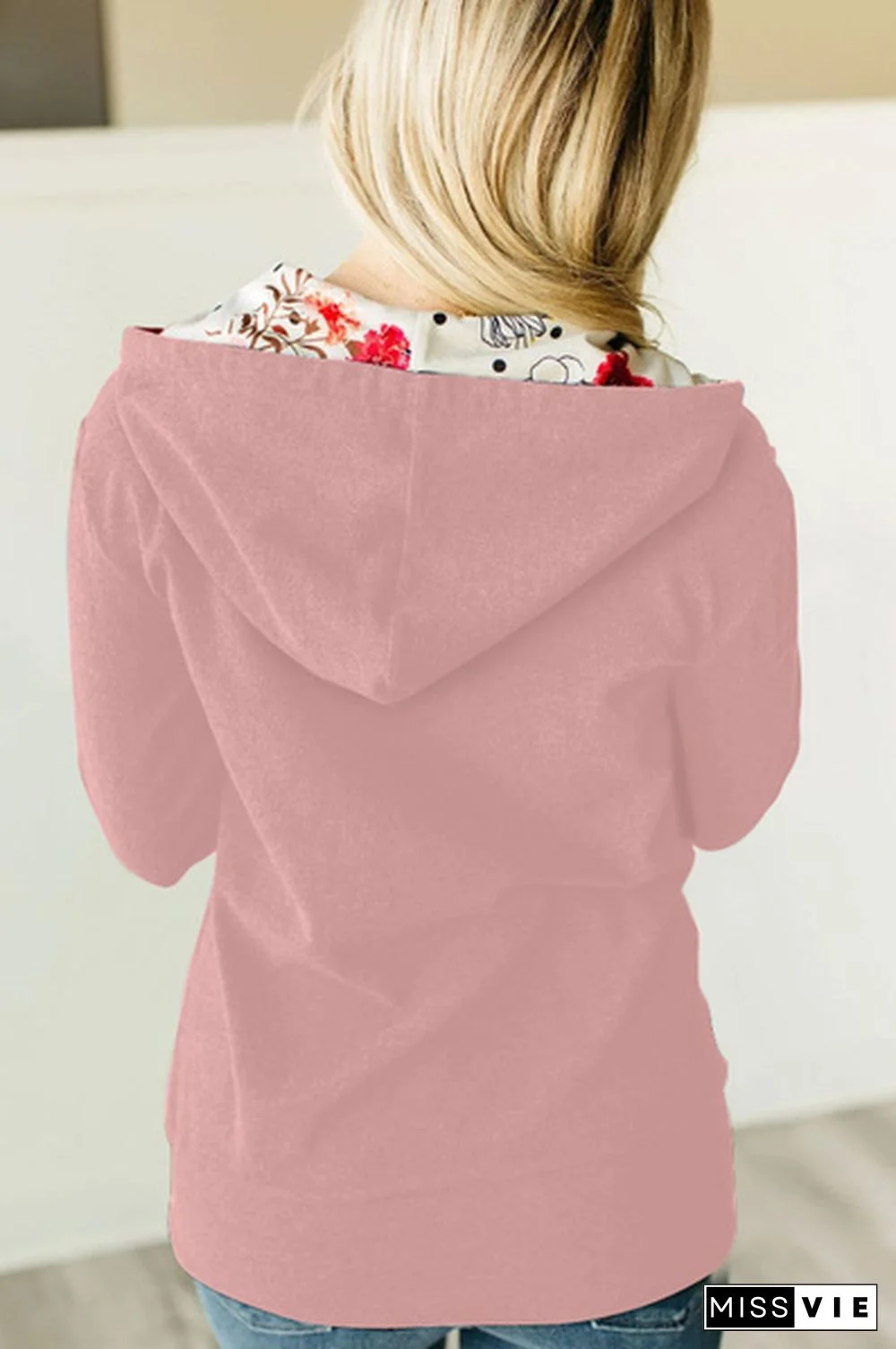 Women Long Sleeve Zip-Up Hoodie Drawstring Floral Print Patchwork Jacket