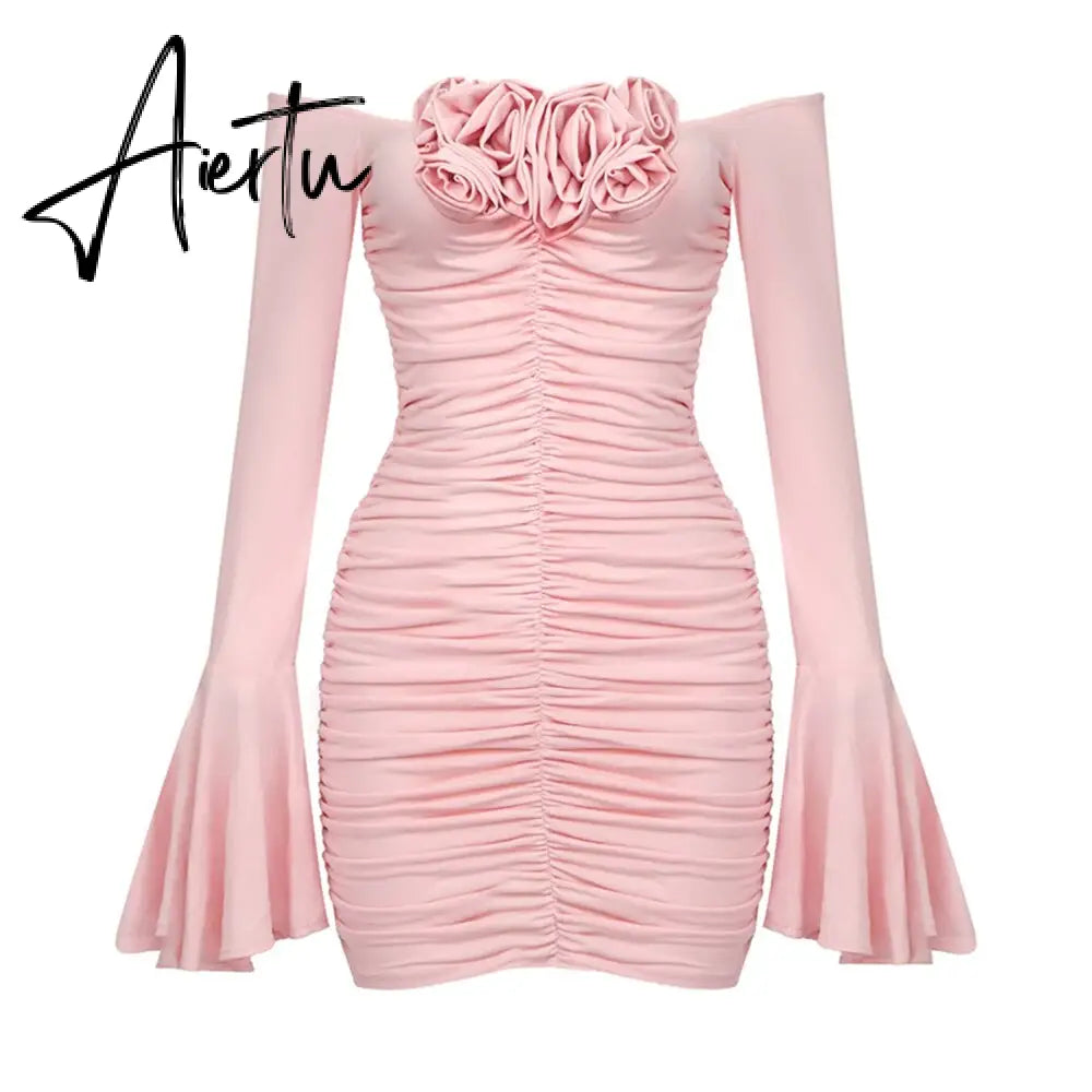 Elegant Spliced Floral Dresses For Women Slash Neck Flare Sleeve Tunic Patchwork Folds Mini Dress Female Clothing Aiertu