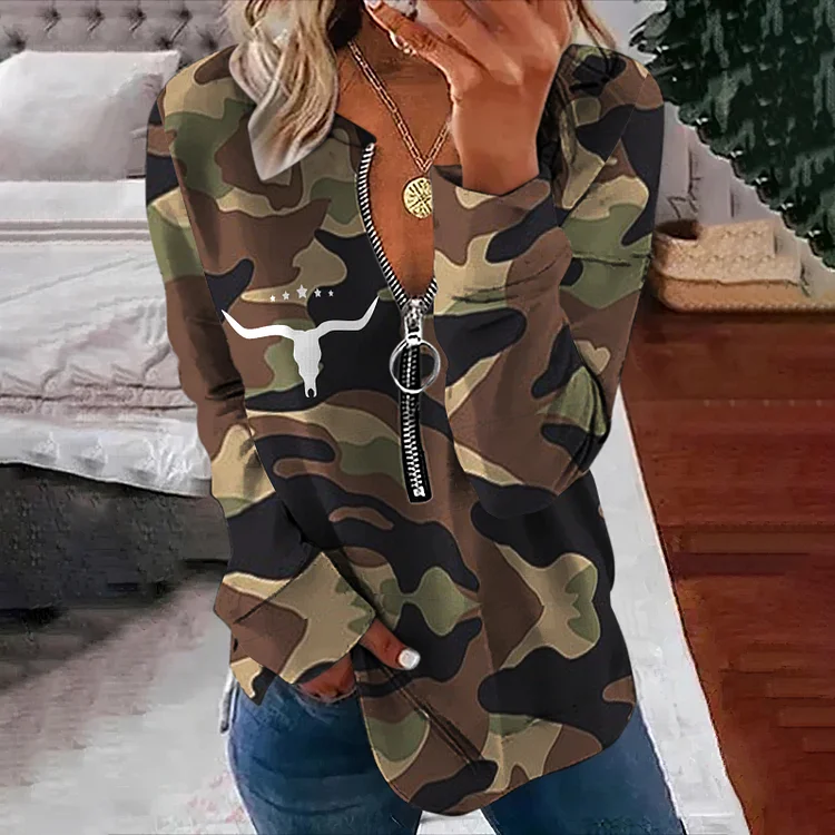 Camouflage Print V-Neck Long Sleeved Sweatshirt