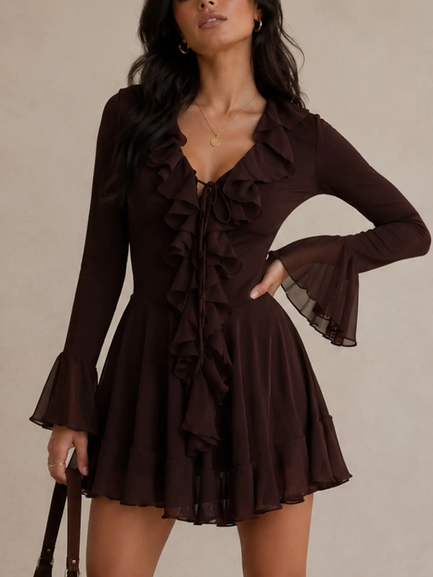 Western-style dress &mdash; Deep V-neck ruffled trim with bell sleeves and mesh. Mini Dress