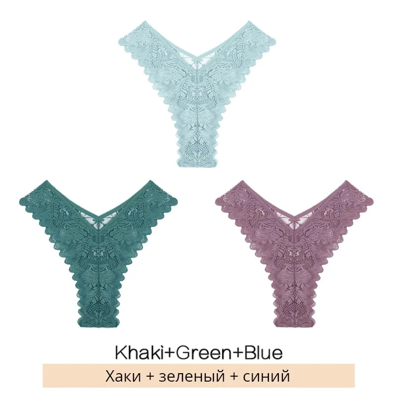 FINETOO Sexy Low-Rise Lace Panties 3Pcs/set Women Floral Brazilian Underwear S-XL Girls T-back Underpants Ladies Lingerie 2021