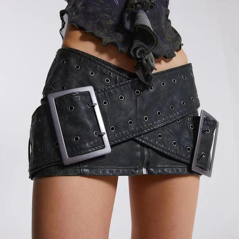 Brownm Cross Belt Faux Leather Mini Skirt
