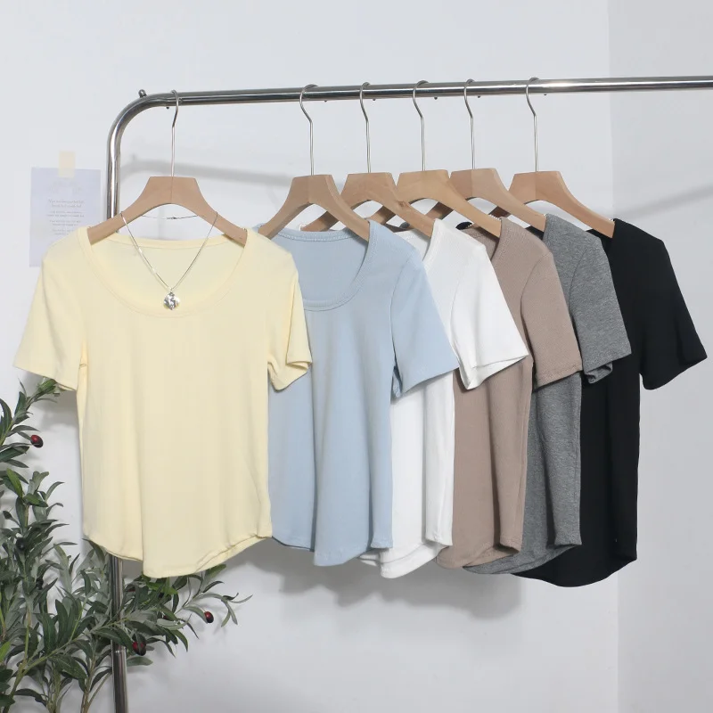 Breakj Solid Color Irregular U-Neck Short-Sleeved T-Shirt Woman Xia Slimming Leisure Short Coat 1809