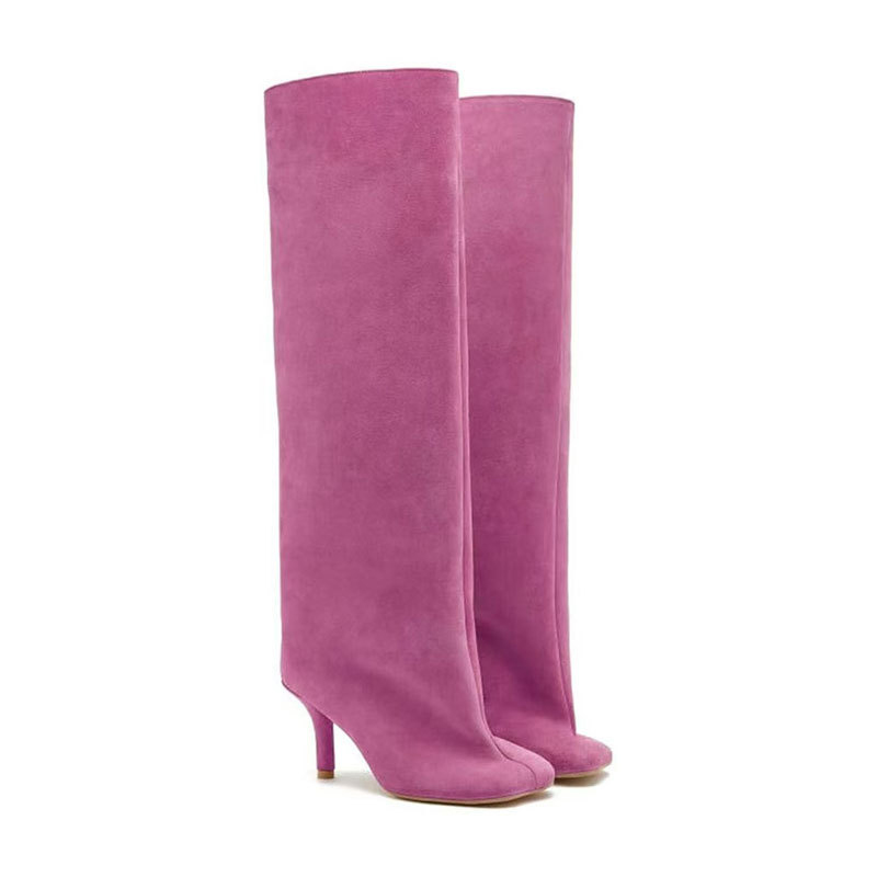 80mm Women's Suede Boots Square Toe Stiletto Heel  Knee Boots-MERUMOTE