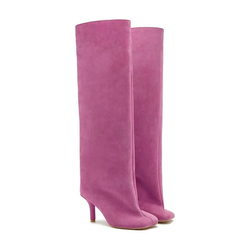80mm Women's Suede Boots Square Toe Stiletto Heel  Knee Boots-MERUMOTE