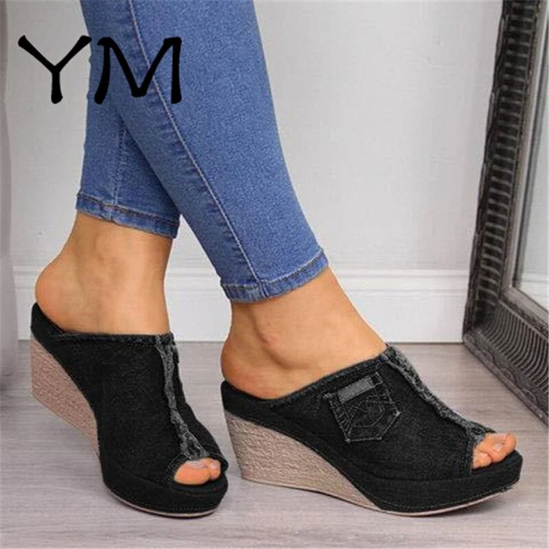 Women Sandals New Female Shoes Woman Summer Wedge Comfortable Ladies Slip-on Flat Sandalias Denim Platform Wedges High Heel