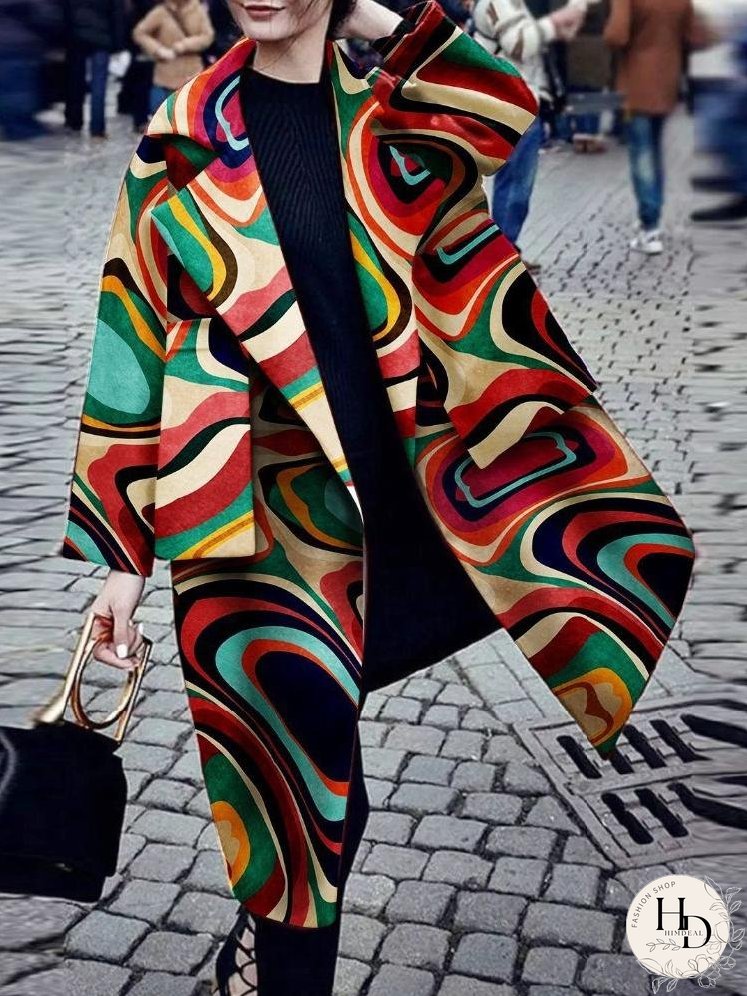 Coats Printed Long Sleeve Warm Woolen Coat for Women