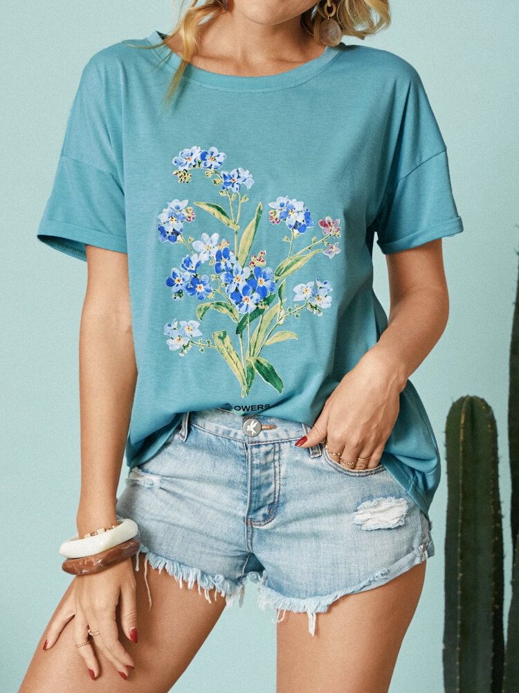 Flower Print Short Sleeve O neck Casual T Shirt For Women P1828726