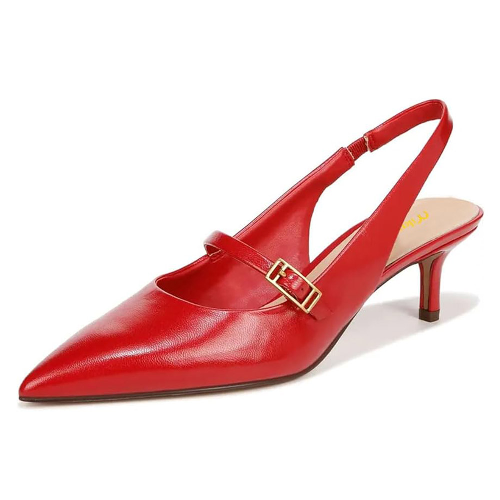 Red Pointed Toe Buckle Strap Slingback Pumps Shoes with Kitten Heel Nicepairs