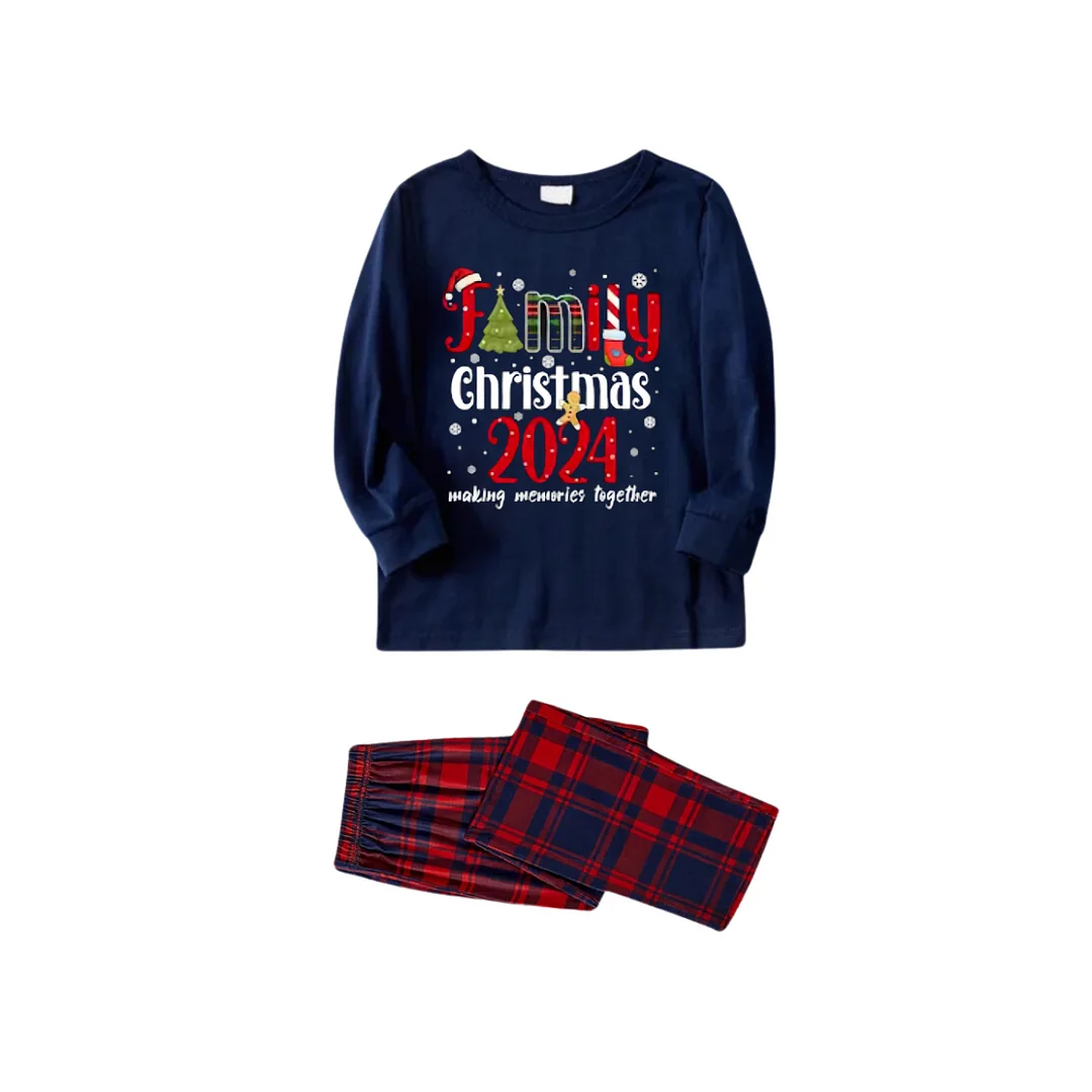 Snowflake and "Family Christmas 2024" Printed Red and Blue Plaid Christmas Matching Pajamas