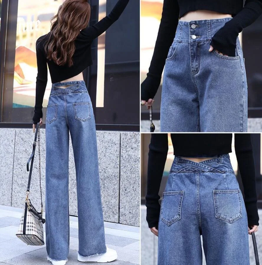 Wide leg Jeans For Women Blue Loose Pants High Waist Casual large size straight pants Boyfriend Straight Mom Jeans Streetwear