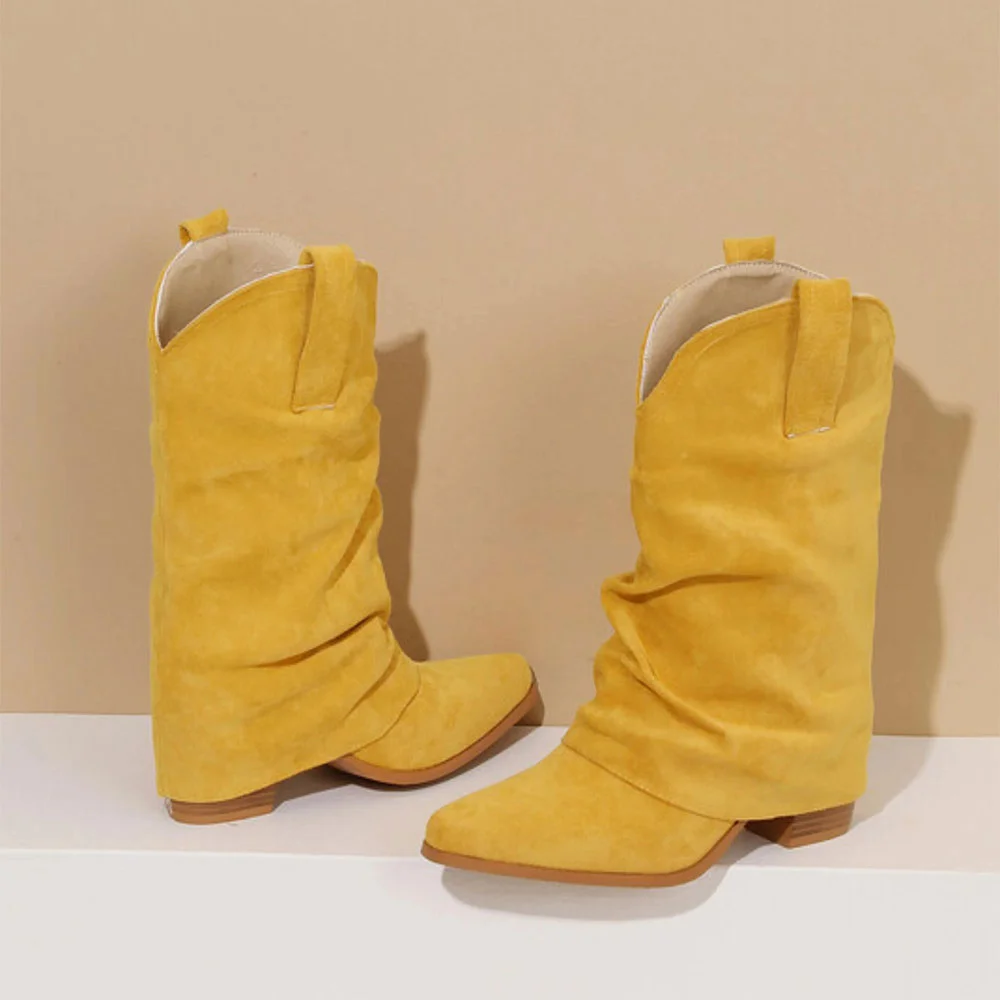 Block Heel Snip Toe Yellow Fold Over Cowgirl Boots for Women