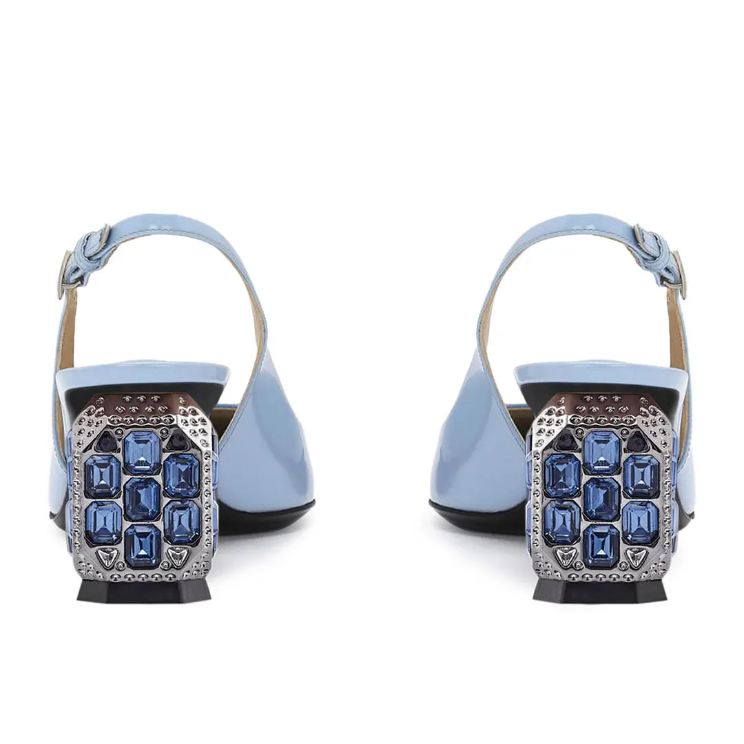 Light Blue Patent Leather Rhinestone Sculptural Heel Slingback Shoes