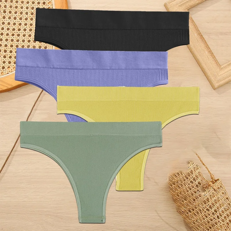 FINETOO 4PCS/Set Women Seamless Pantys Girls Thongs High Waisted Soft Woman Briefs 10 Solid Colors S-XL Sexy Underpant For Women