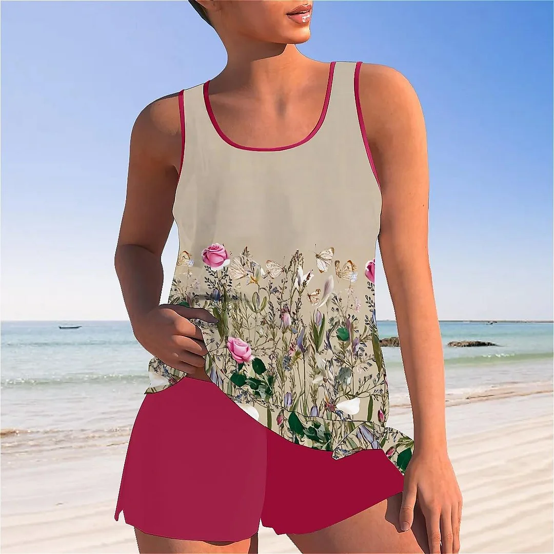 Bowknot Apricot,Floral,Colorful Mid Waisted Tankini Set - Plus Size Available